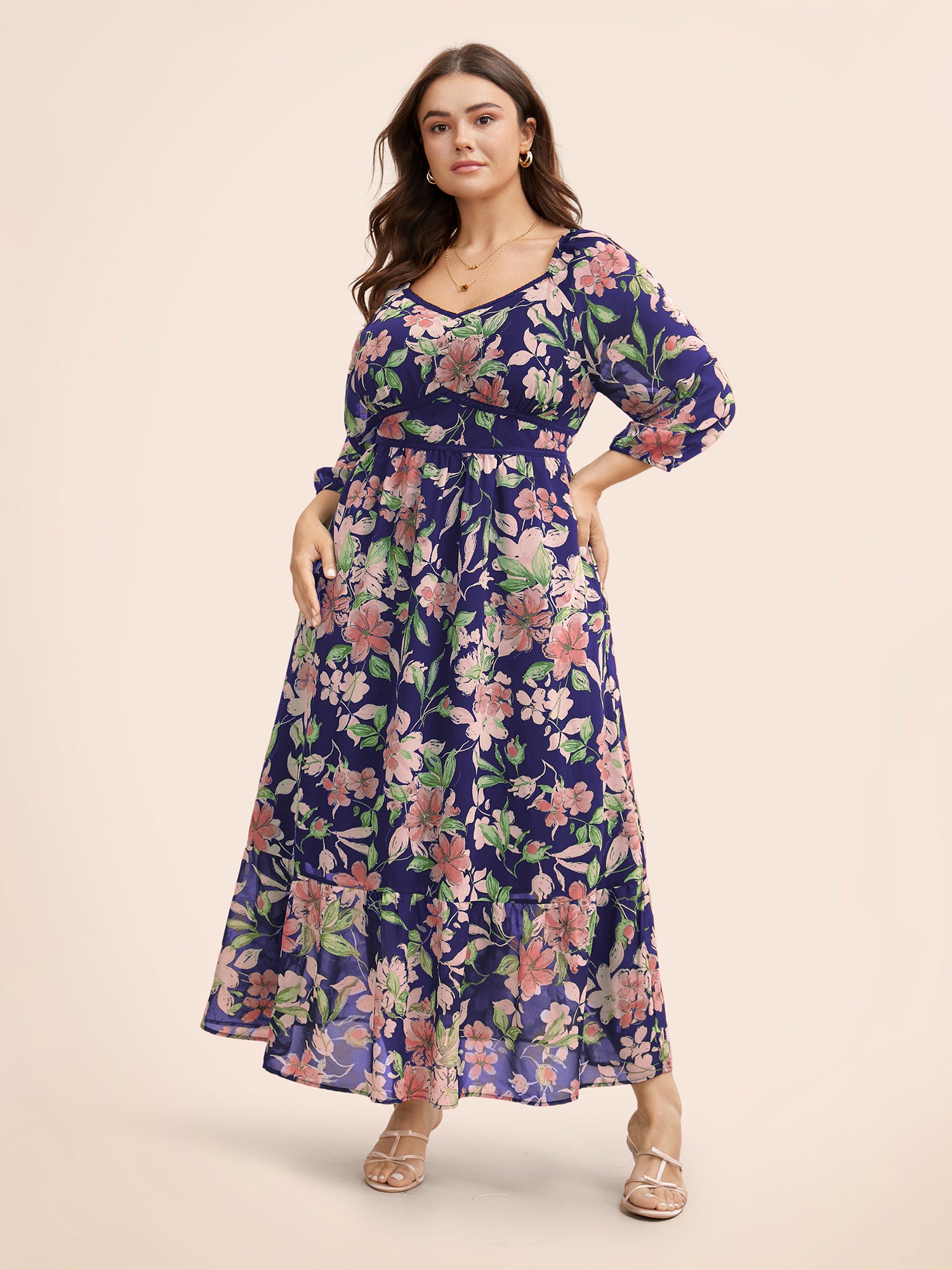 Floral Heart Neckline Woven Ribbon Gathered Dress