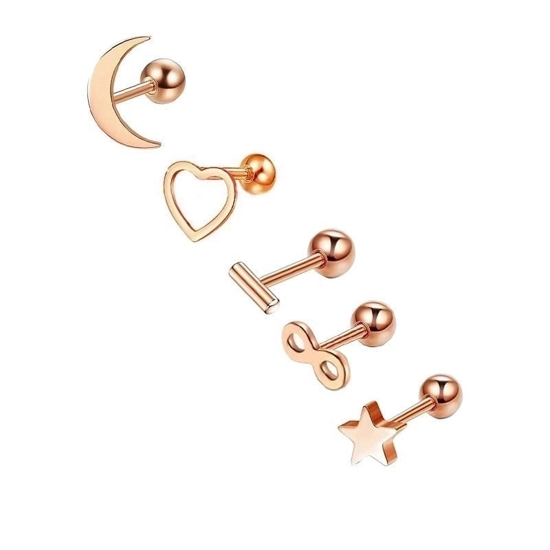Minimalist Heart Shape Stainless Steel Plating Zircon Ear Studs 5 Piece Set