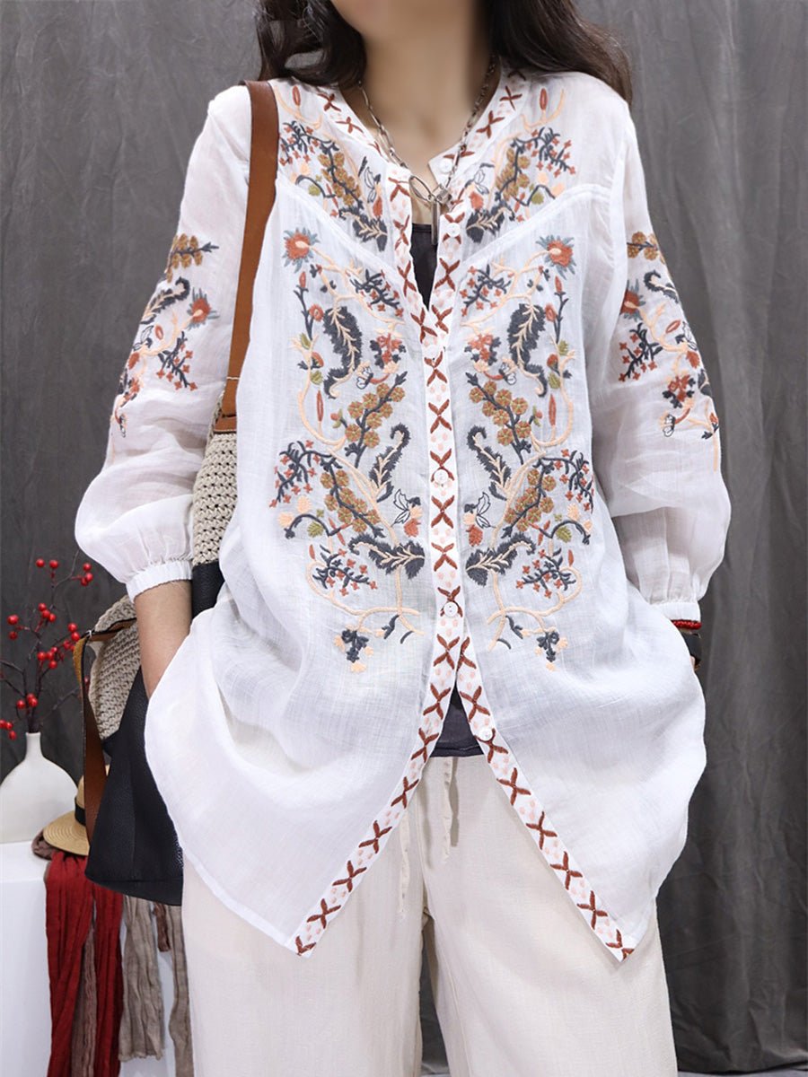 Women Summer Flower Embroidery O-Neck 100%Ramie Cardigan Shirt