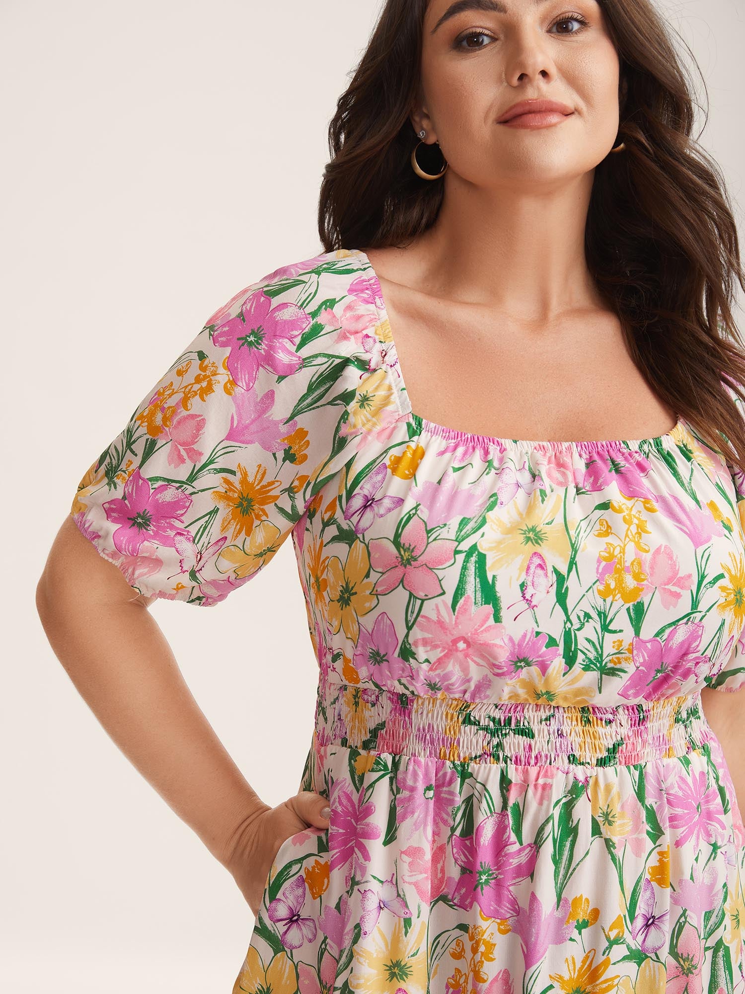 Sweet Floral Print Square Neck Midi Dress