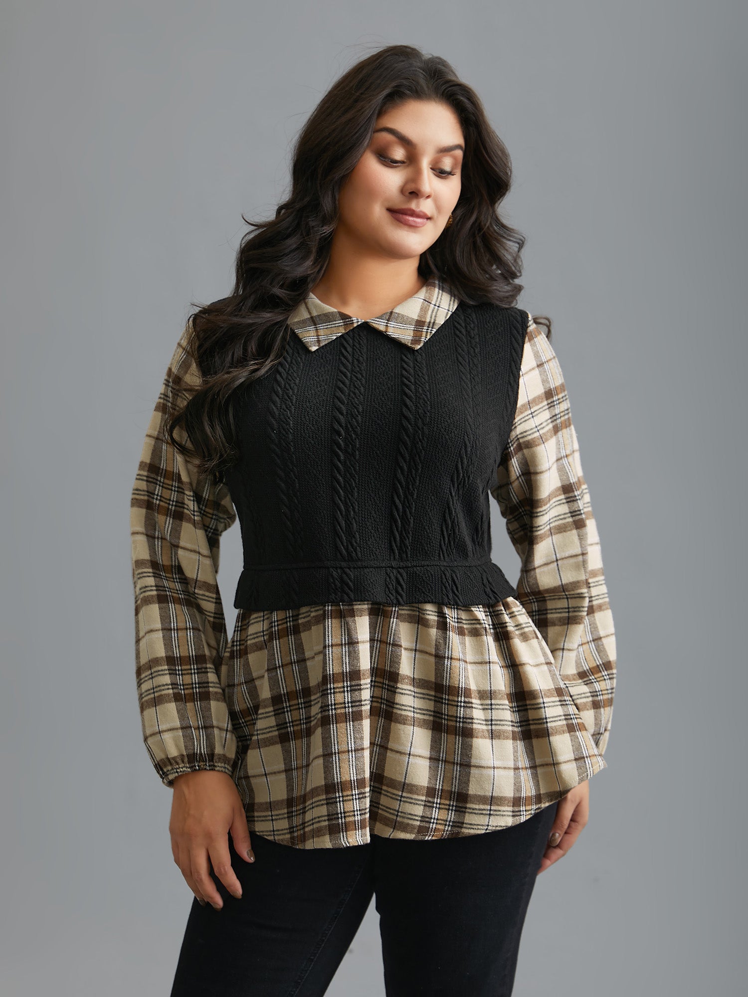 Plaid Patchwork Texture Lantern Sleeve Blouse