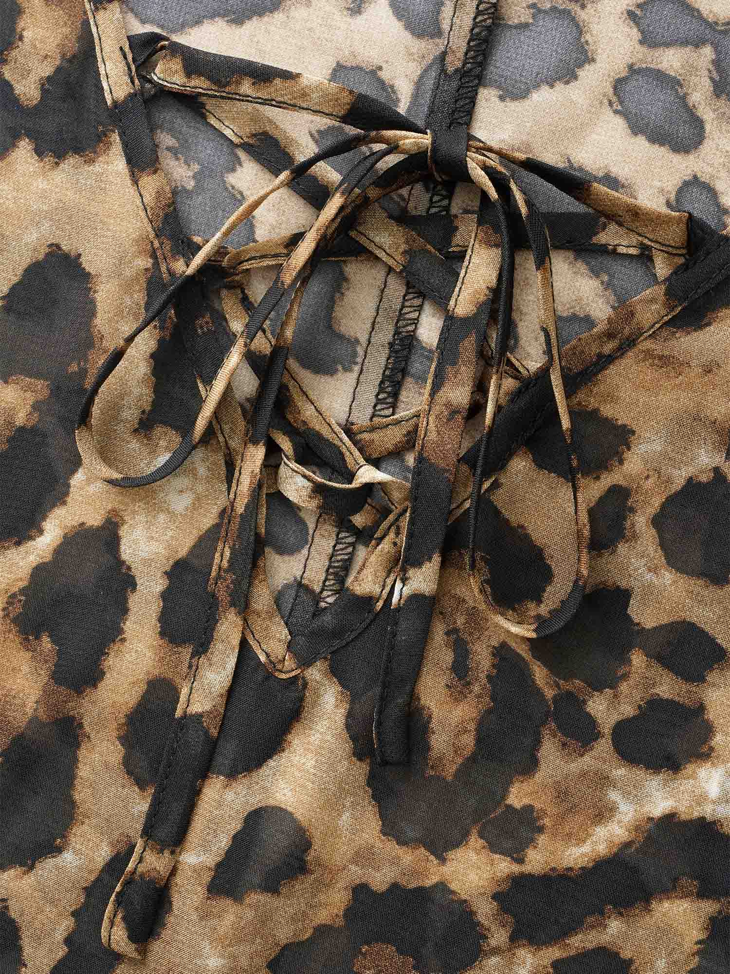 Leopard Print Lace Up Lantern Sleeve Dress