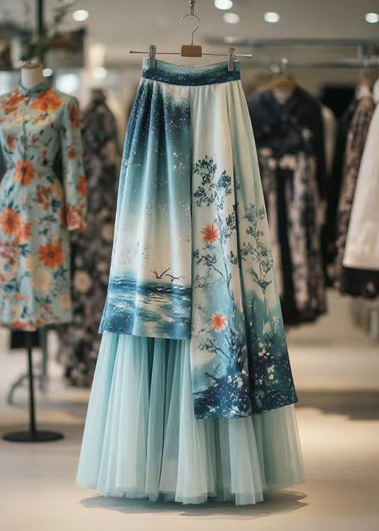 Chinese Style Blue Asymmetrical Print Tulle Patchwork Skirts Summer