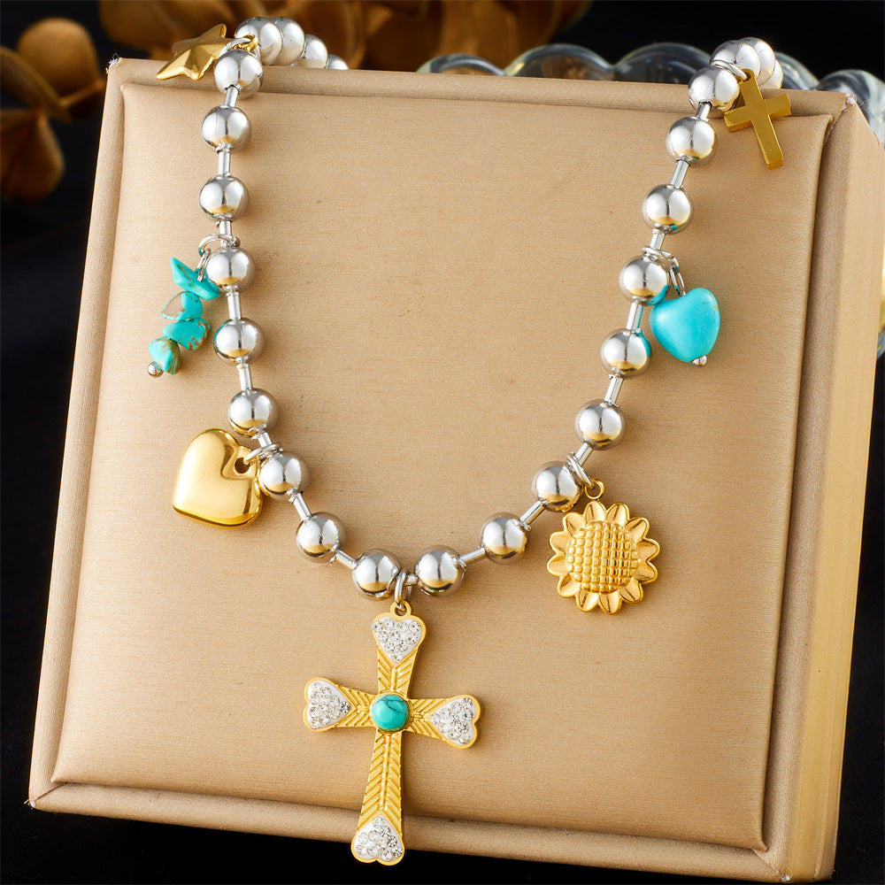 Fashion Sweet Cool Ins Style Cross Love Bowknot Oil Drop Eye Pendant Stainless Steel Design Necklace Female
