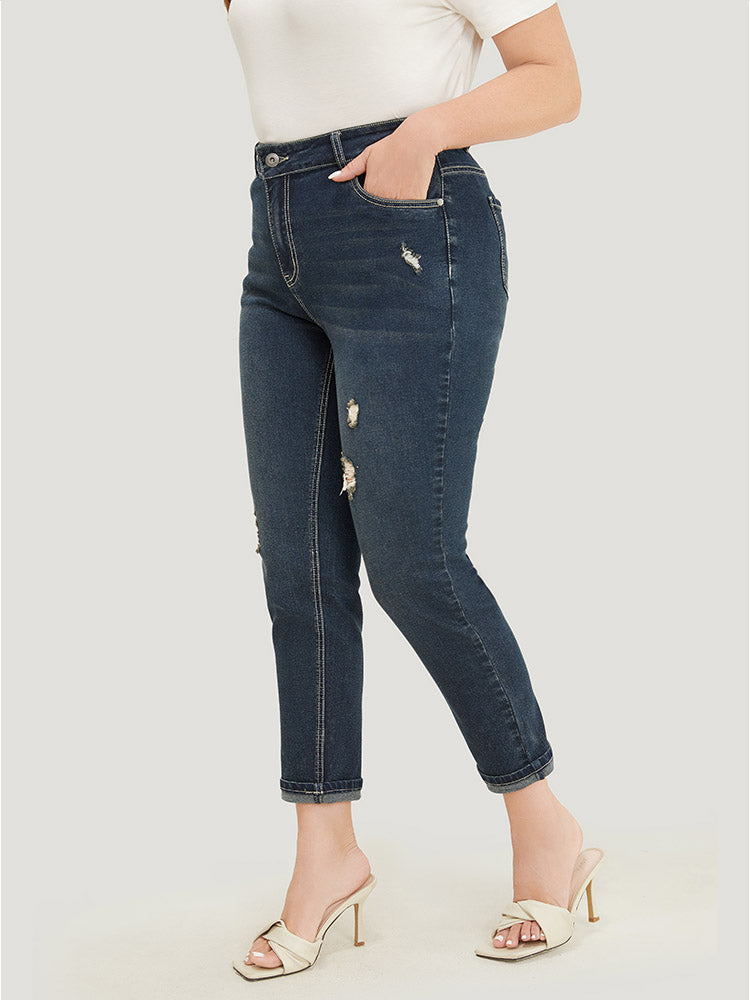 Very Stretchy  High Rise Dark Wash Distressed Stitch Jeans