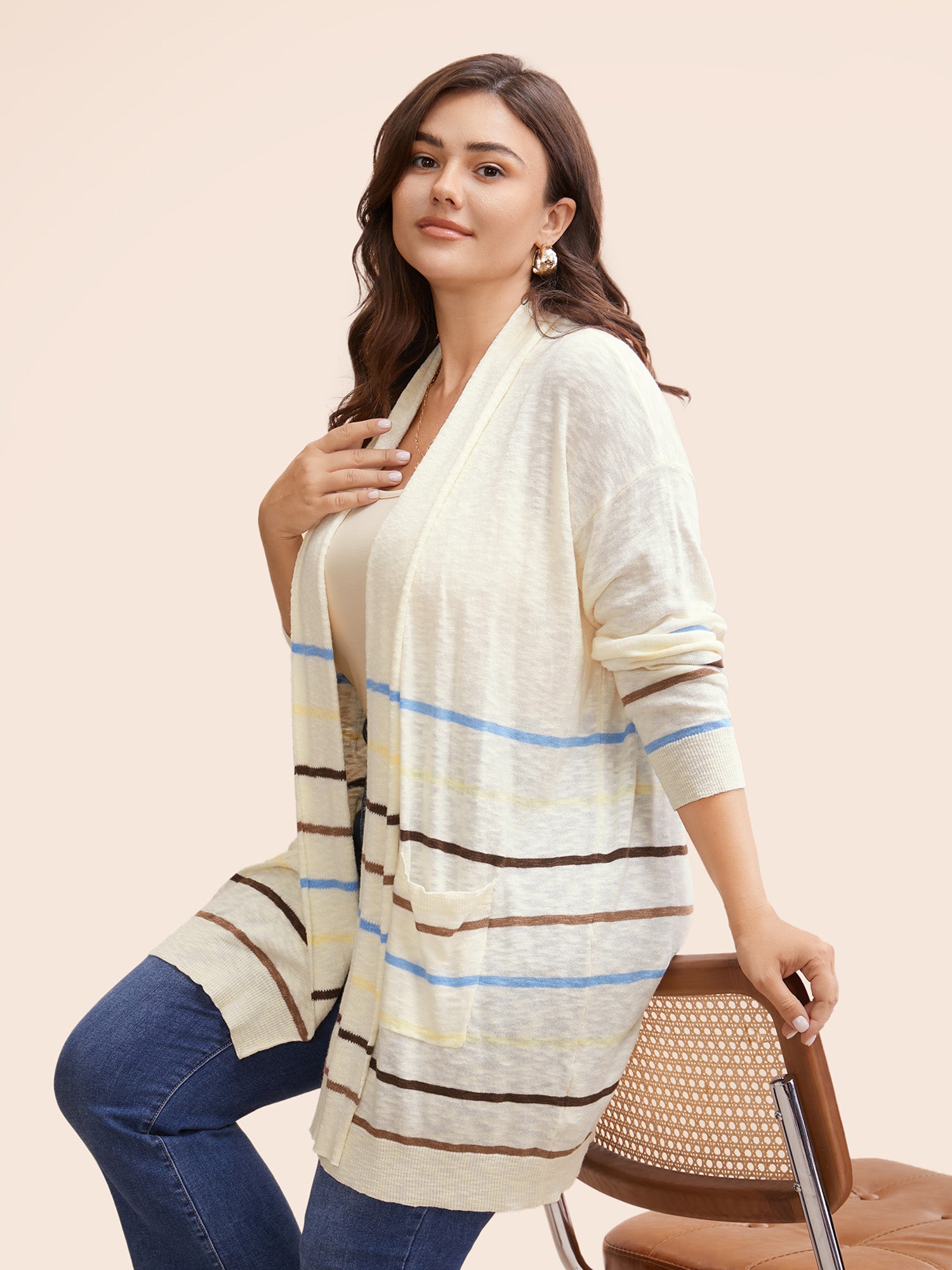 Contrast Striped Pocket Open Front Cardigan