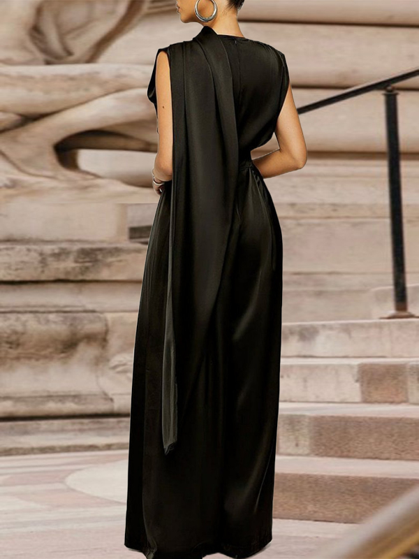 Loose Sleeveless Solid Color Shawl Collar Jumpsuits