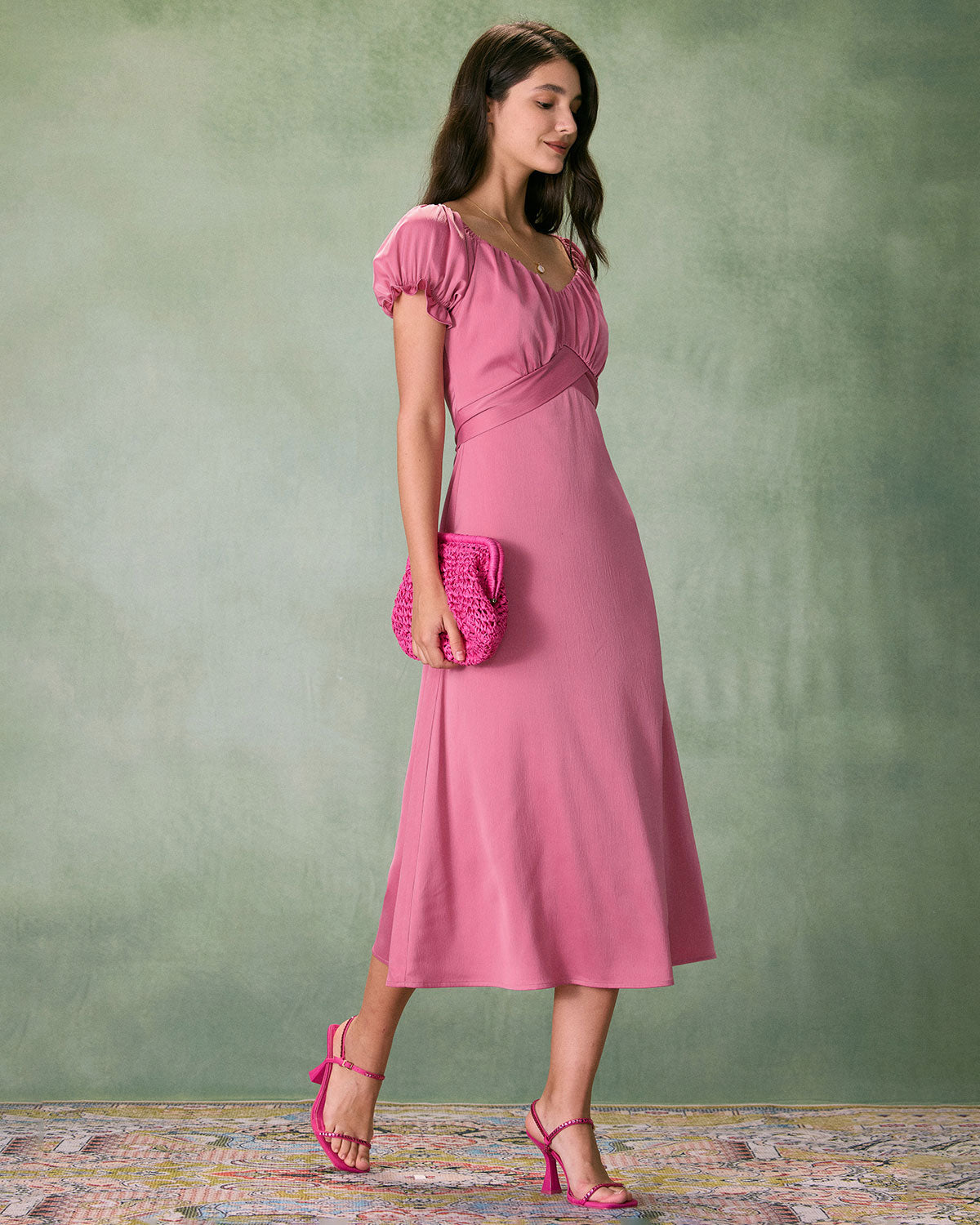 The Pink Sweetheart Neck Ruched Satin Midi Dress