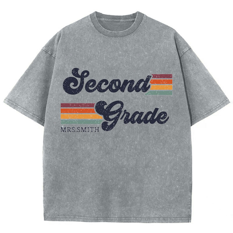 Personalized Grade And Name Retro Horizontal Stripes Teacher Washed T-Shirt