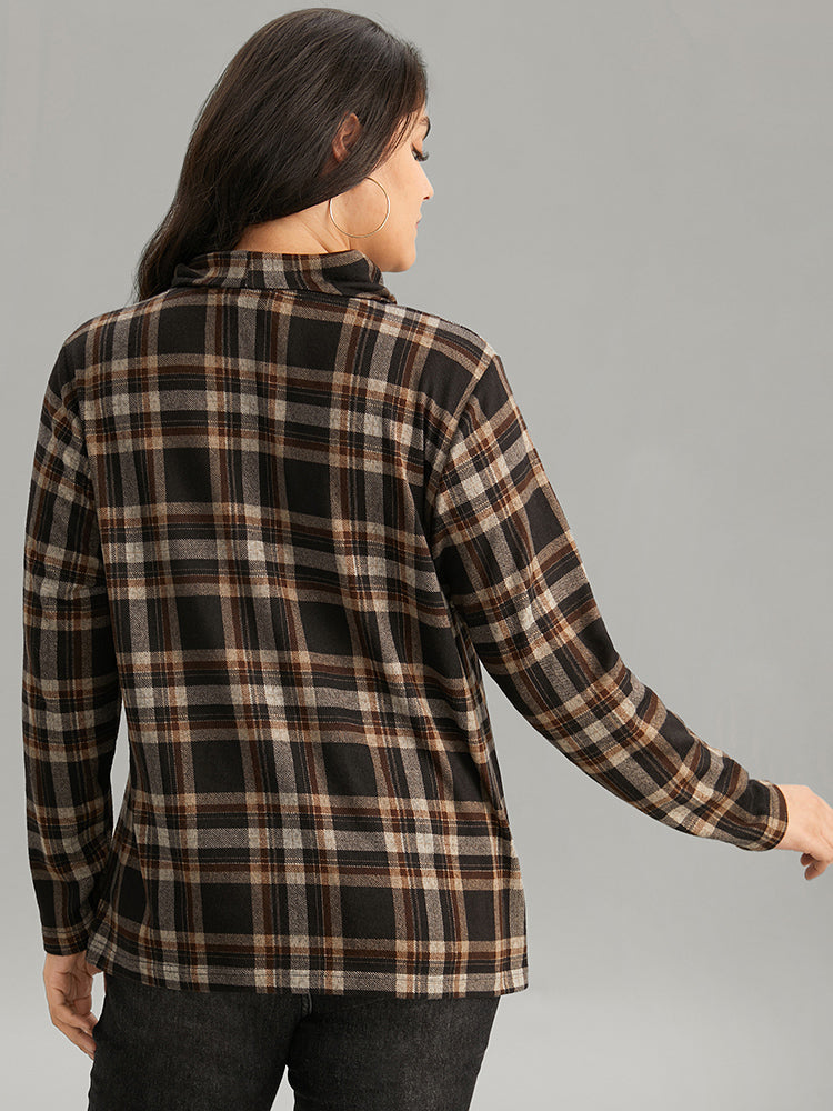 Plaid Funnel Neck Button Detail T-shirt