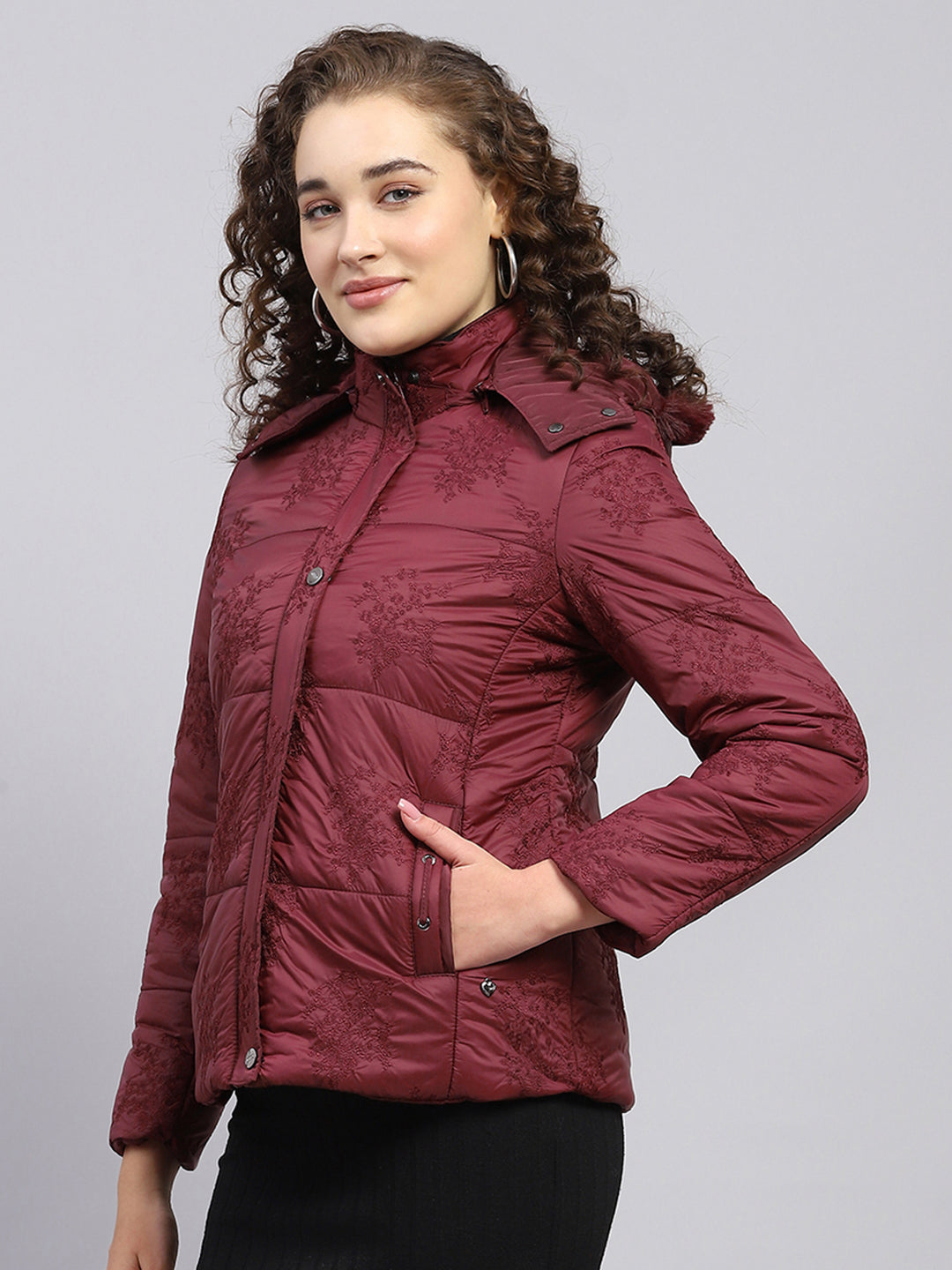 Women Maroon Embroidered Detachable Hood Full Sleeve Jacket