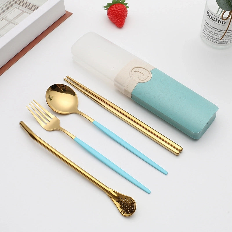 Retro Pastoral Color Block Stainless Steel Spoon Fruit Knife Fruit Fork 1 Set