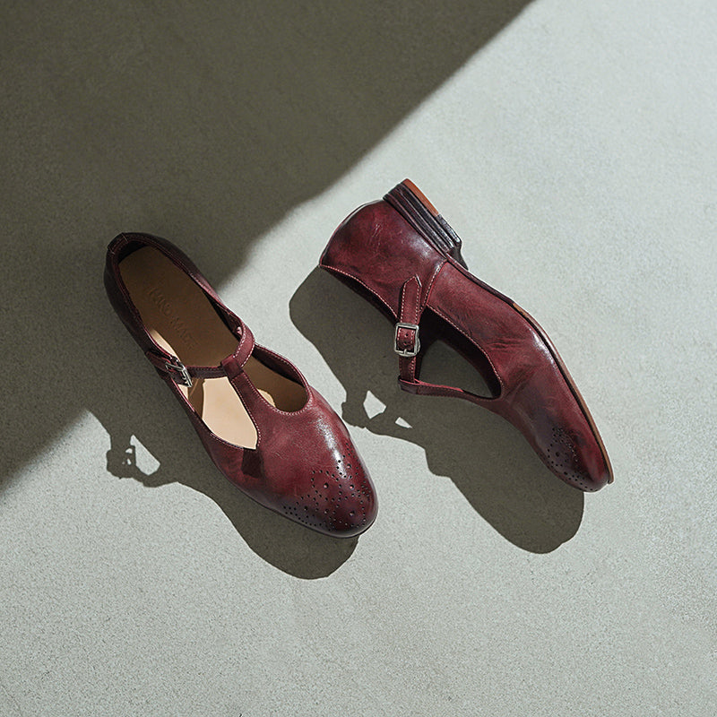 Vintage Washed Horse Leather T-Strap Brogue Mary Jane Shoes in Red/Black/Brown
