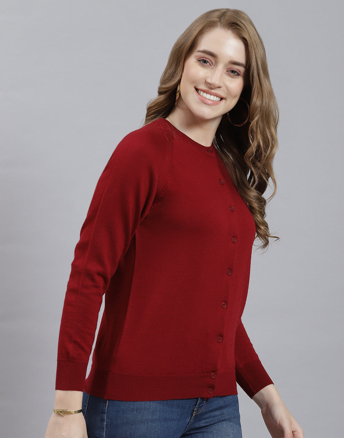 Women Maroon Solid Round Neck Full Sleeve Cardigan