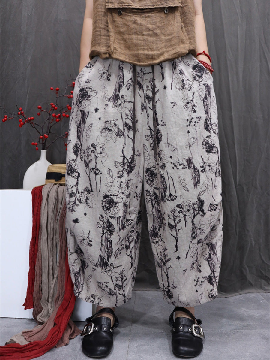 Women Artsy Summer Flower 100%Linen Harem Pants