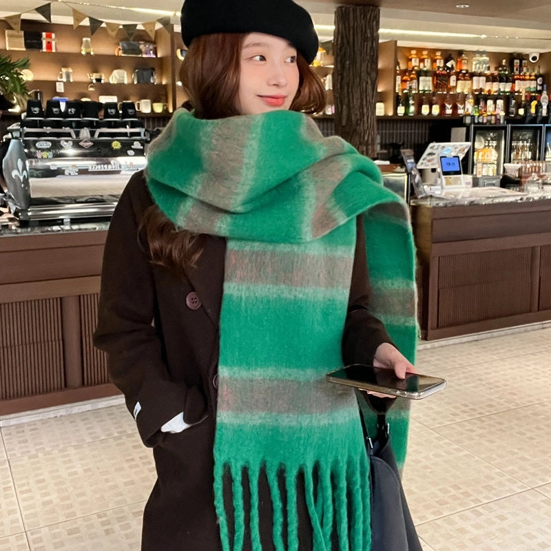 Women's Preppy Style Vacation Sweet Color Block Stripe Mohair Tassel Scarf