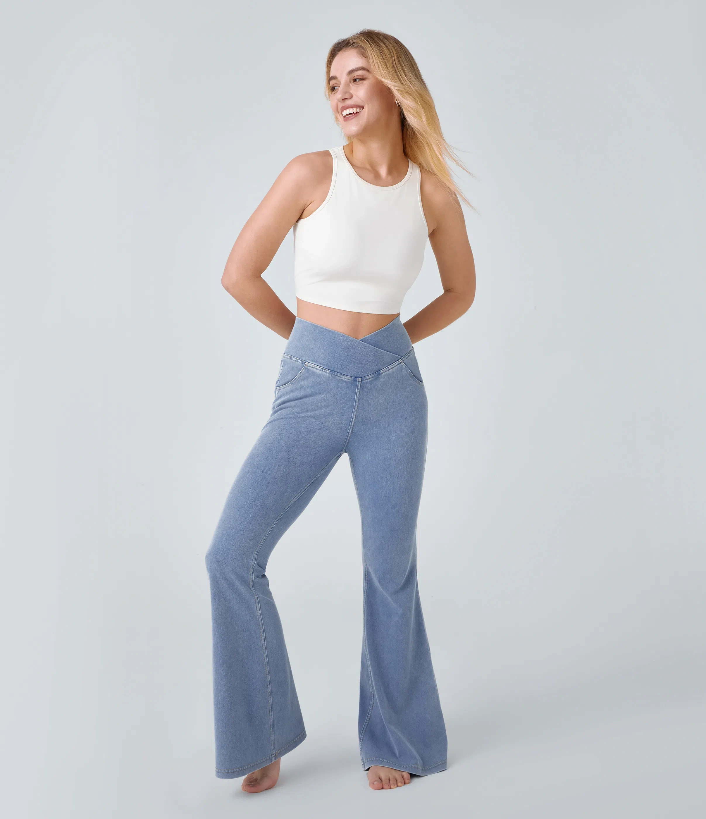 ⚡8 Packs for $25.95⚡- High Waisted Crossover Pocket Washed Stretchy Knit Casual Super Flare Jeans