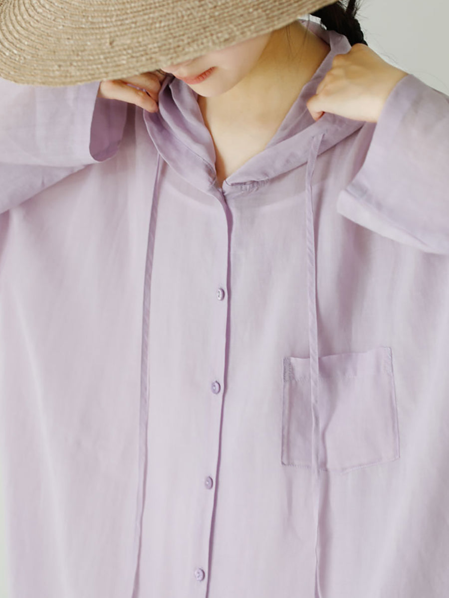 Women Summer Pure Color Hooded 100%Ramie Shirt Dress