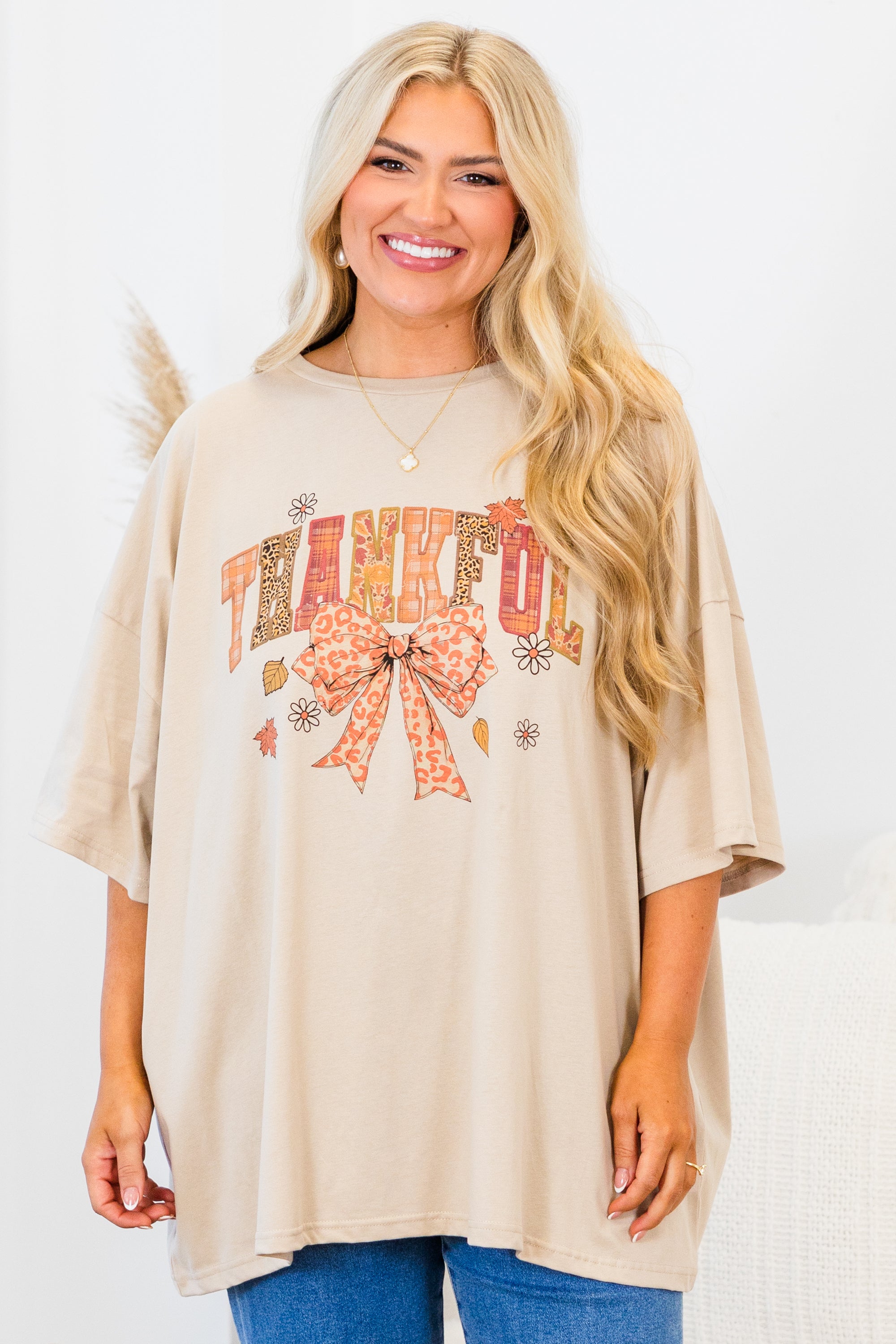 Thankful Time Boyfriend Tee. Light Mocha