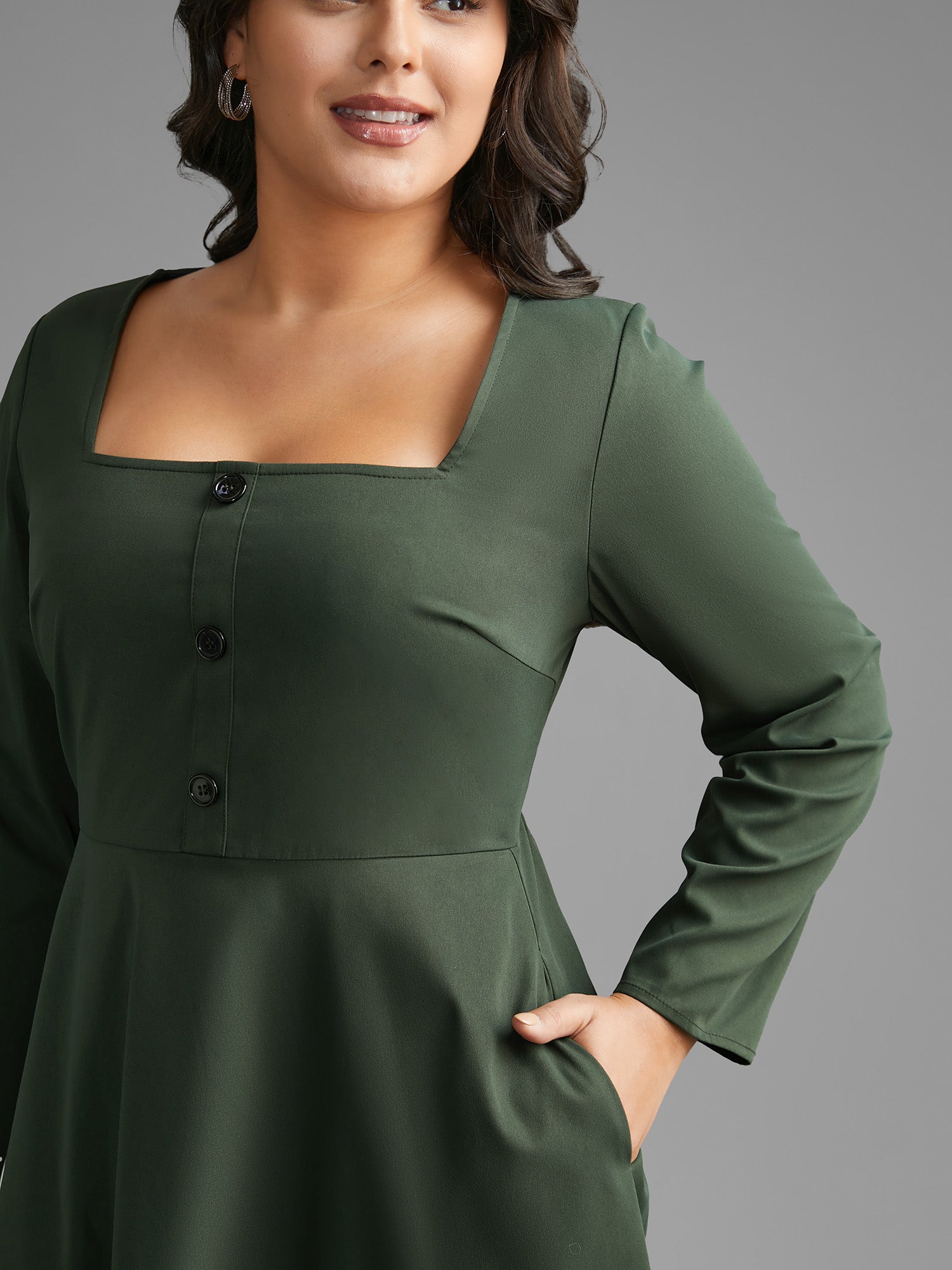 Square Neck Plain Button Detail Dress