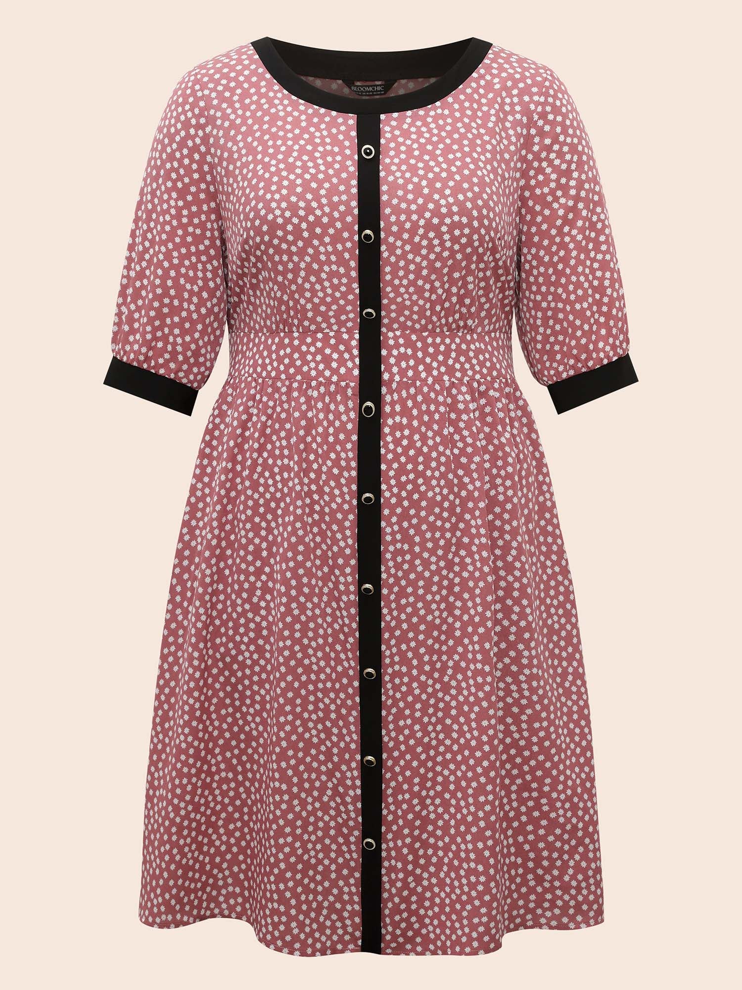 Ditsy Floral Contrast Trim Button Detail Dress