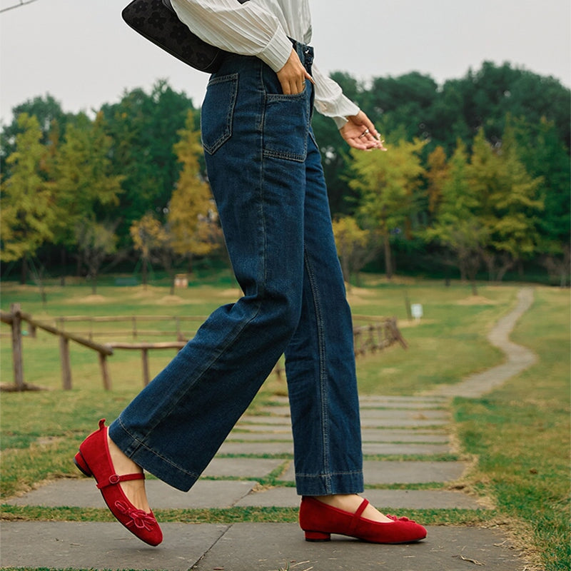 Round-Toe Sheepskin Mary Jane Flats with Bow Design Red/Black