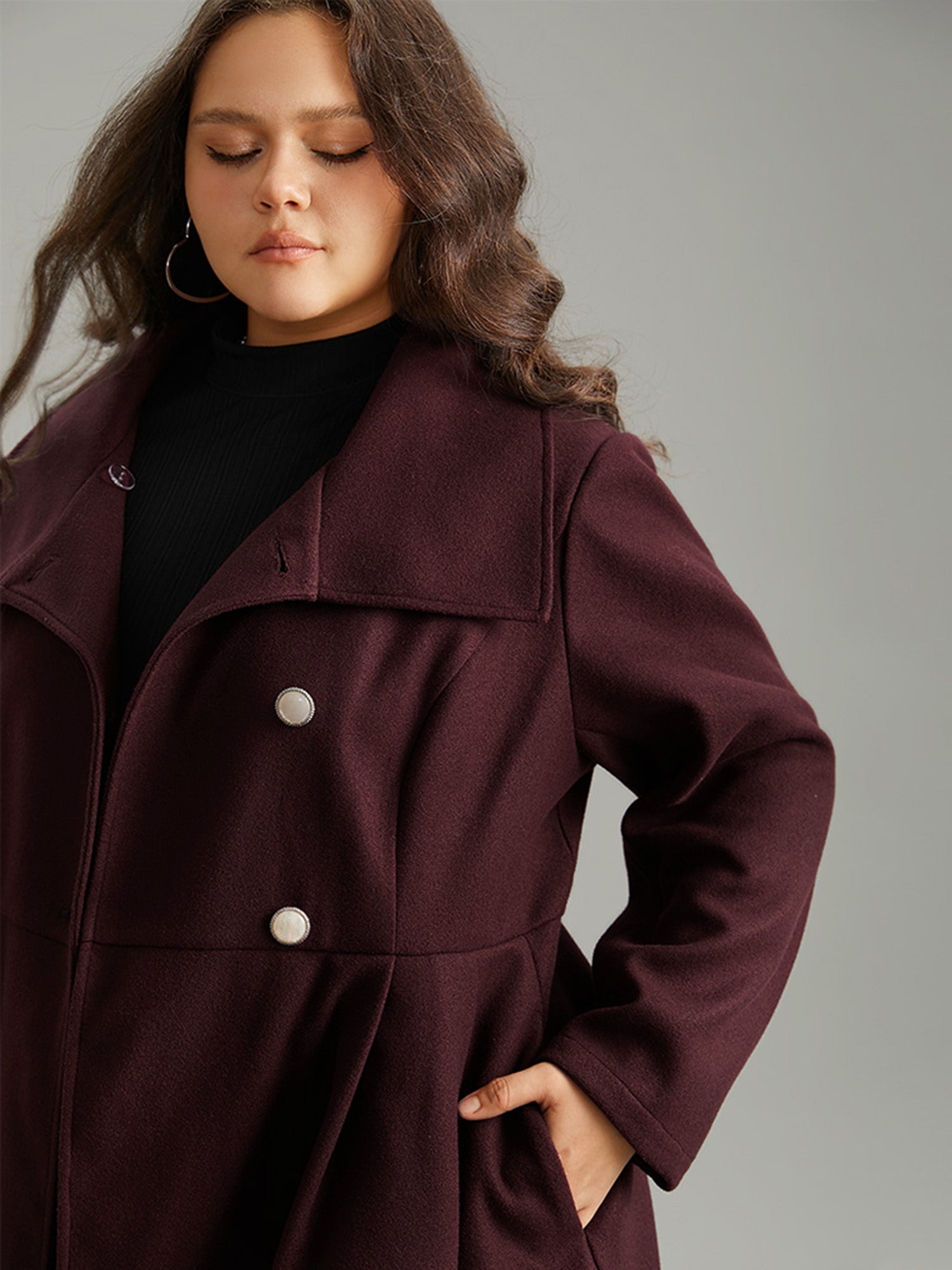 Plain Button Up Pocket Asymmetrical Lapel Collar Coat