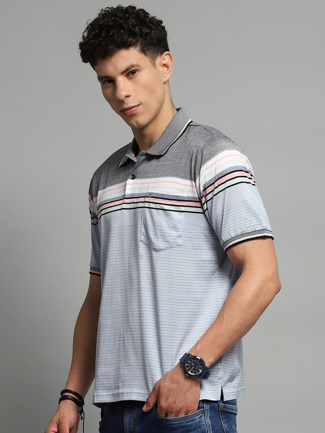 Men Blue Stripe Collar Half Sleeve T-Shirt