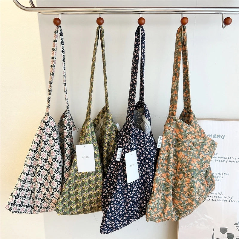 Women's Medium Canvas Flower Basic Classic Style Square Open Canvas Bag