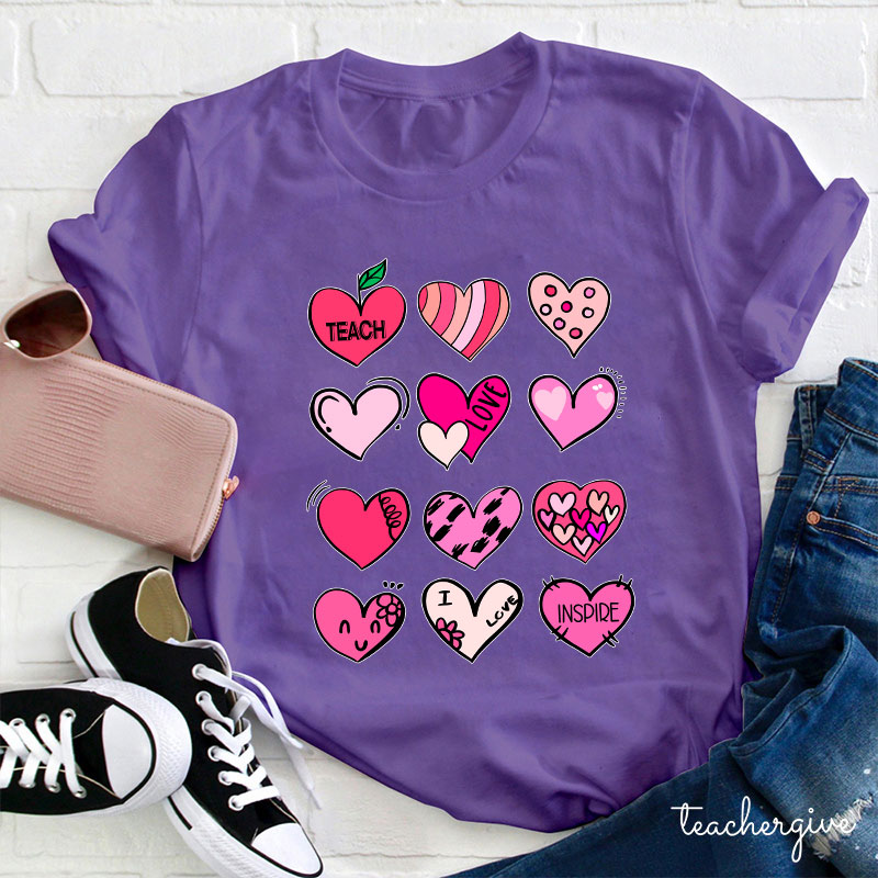 Cartoon Hearts Teach Love Inspire Teacher T-Shirt