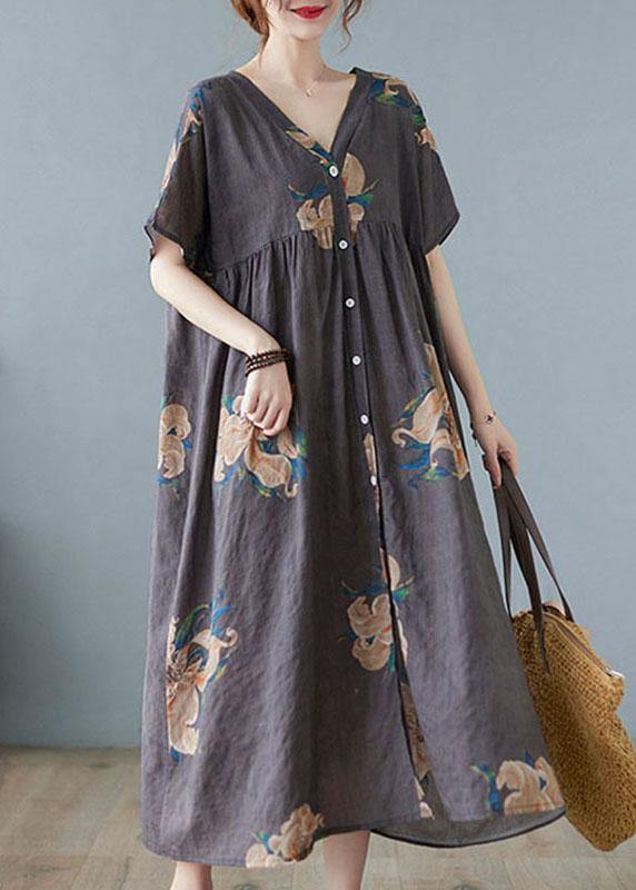 Plus Size Grey Retro Button Summer Print Half Sleeve Maxi Dress