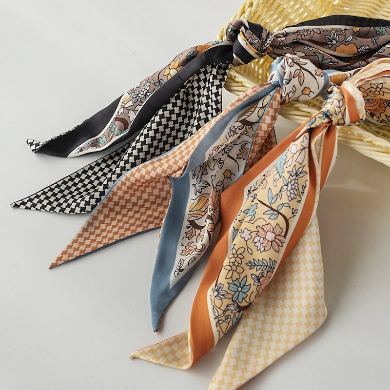 Women's Retro Plaid Flower Satin Silk Scarf