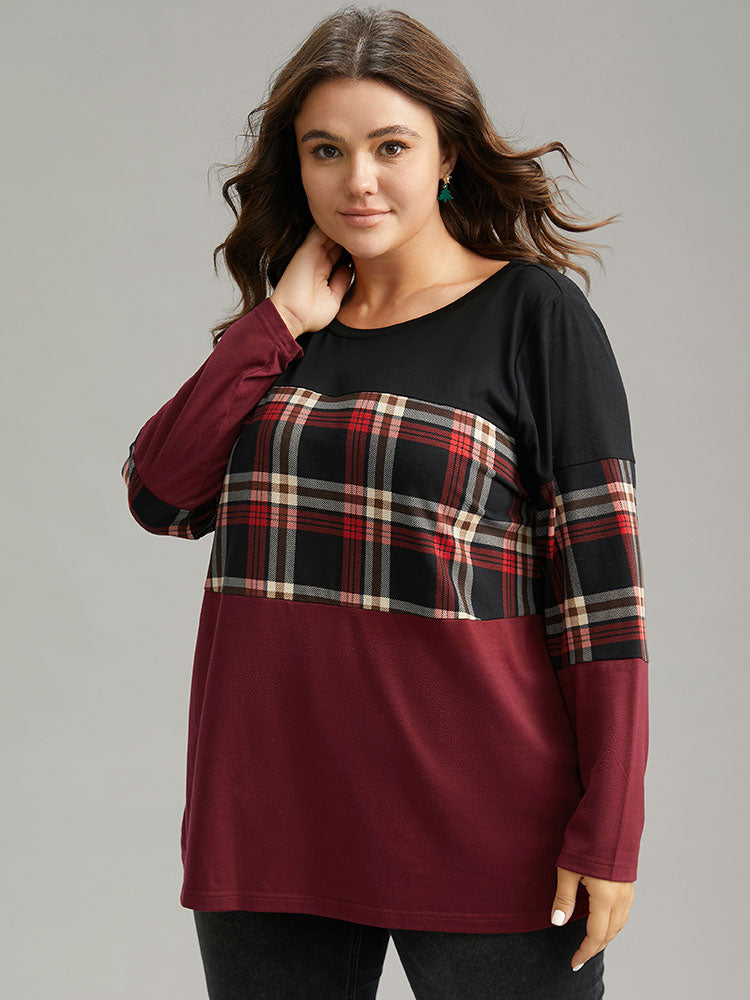 Plaid Contrast Patchwork Round Neck T-shirt