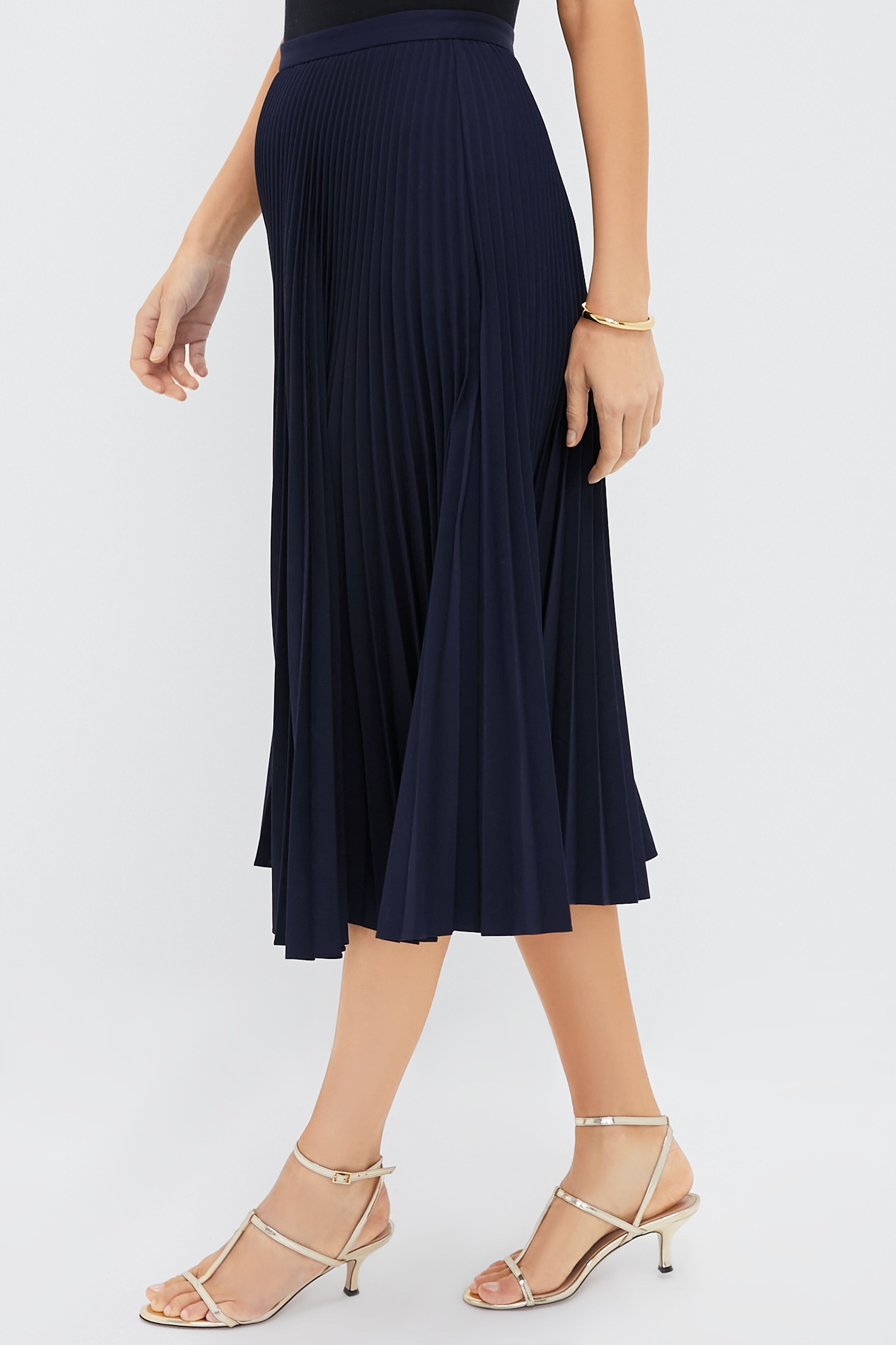 Navy Pleated Midi Skirt