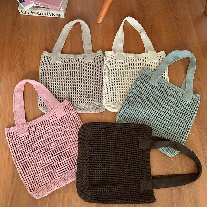 Women's Medium Knit Solid Color Basic Beach Weave Hollow Open Shoulder Bag