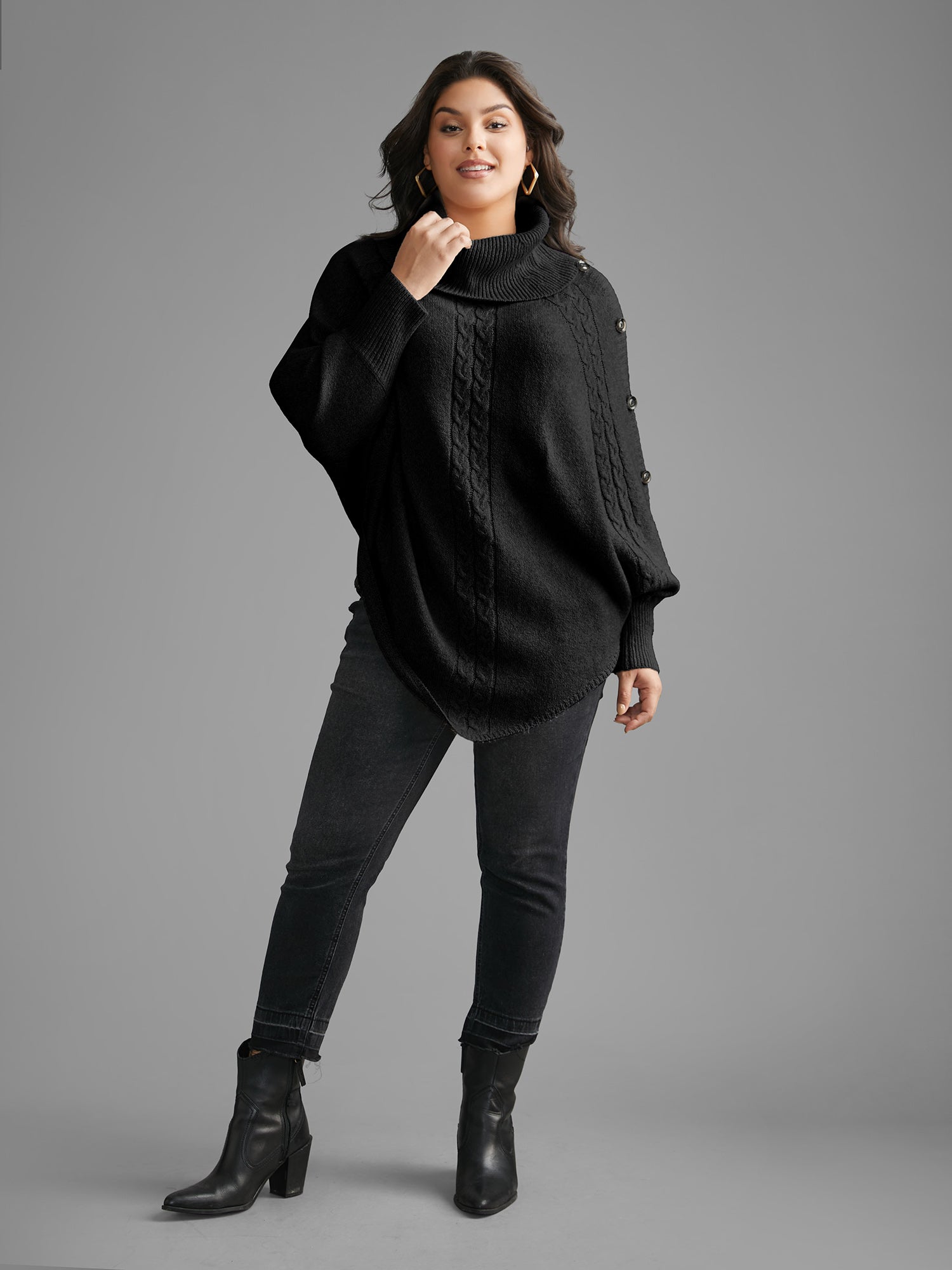 Turtleneck Cable Knit Asymmetrical Hem Pullover