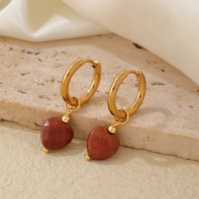 1 Pair Vintage Style Minimalist Heart Shape Plating 304 Stainless Steel Natural Stone Drop Earrings