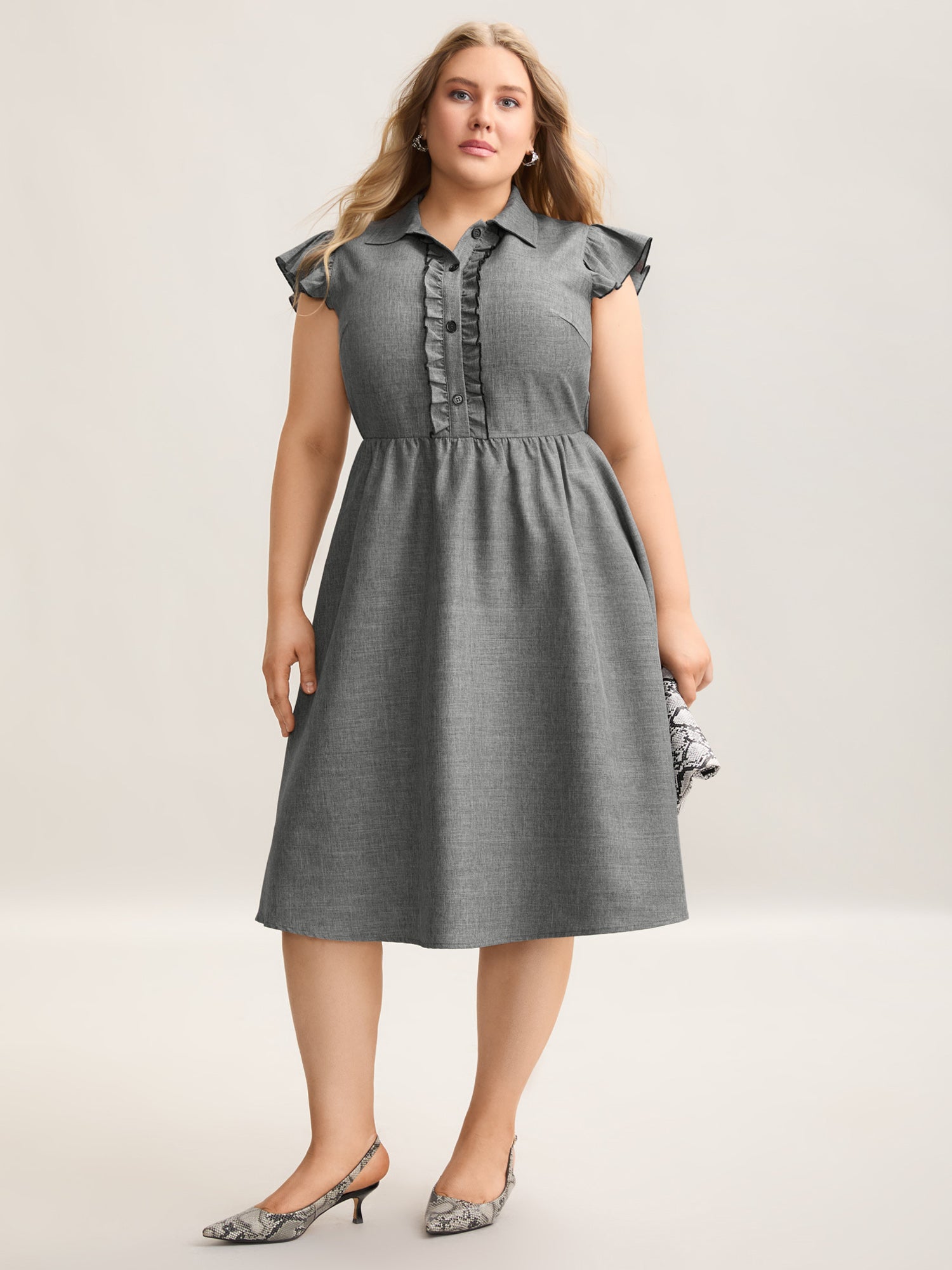 Ruffled Trim Shirt Collar Flared Midi Dress