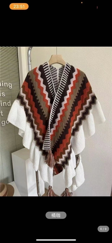 Travel Outside Knitted Shawl Ethnic Style Vintage Cape Cloak Tassel Scarf For Vacation Wear