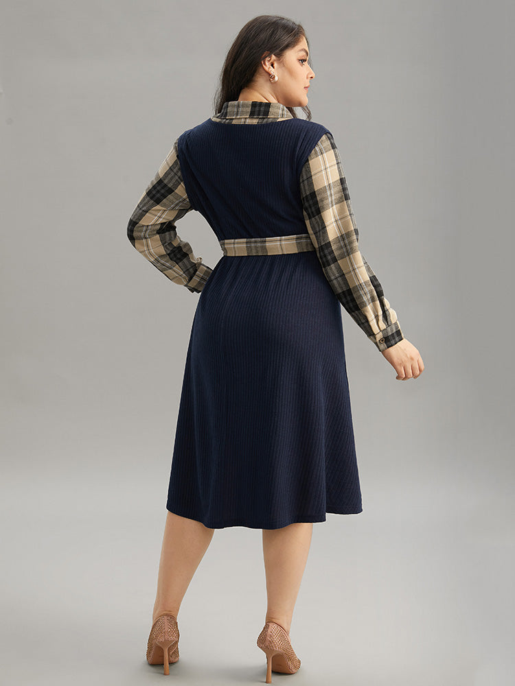Plaid Patchwork Rib Knit Shirt Collar Belted Dress
