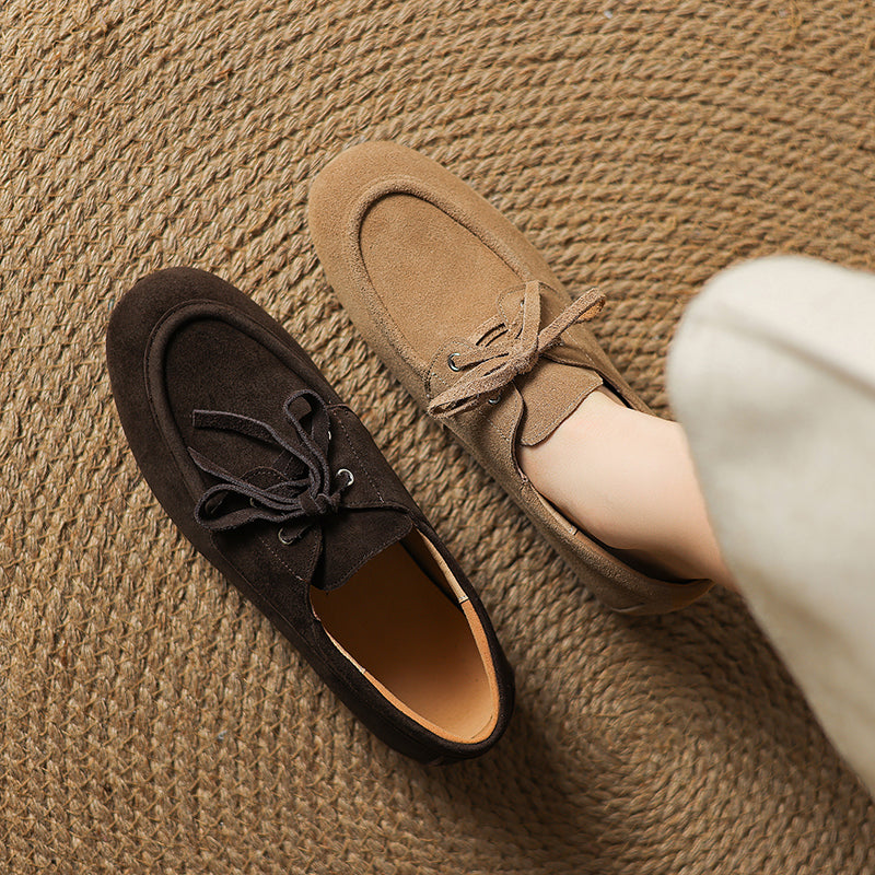 Women's Suede Leather Lace-Up Boat Shoes Round Toe Casual Driving Loafers in Deep Brown/Coffee