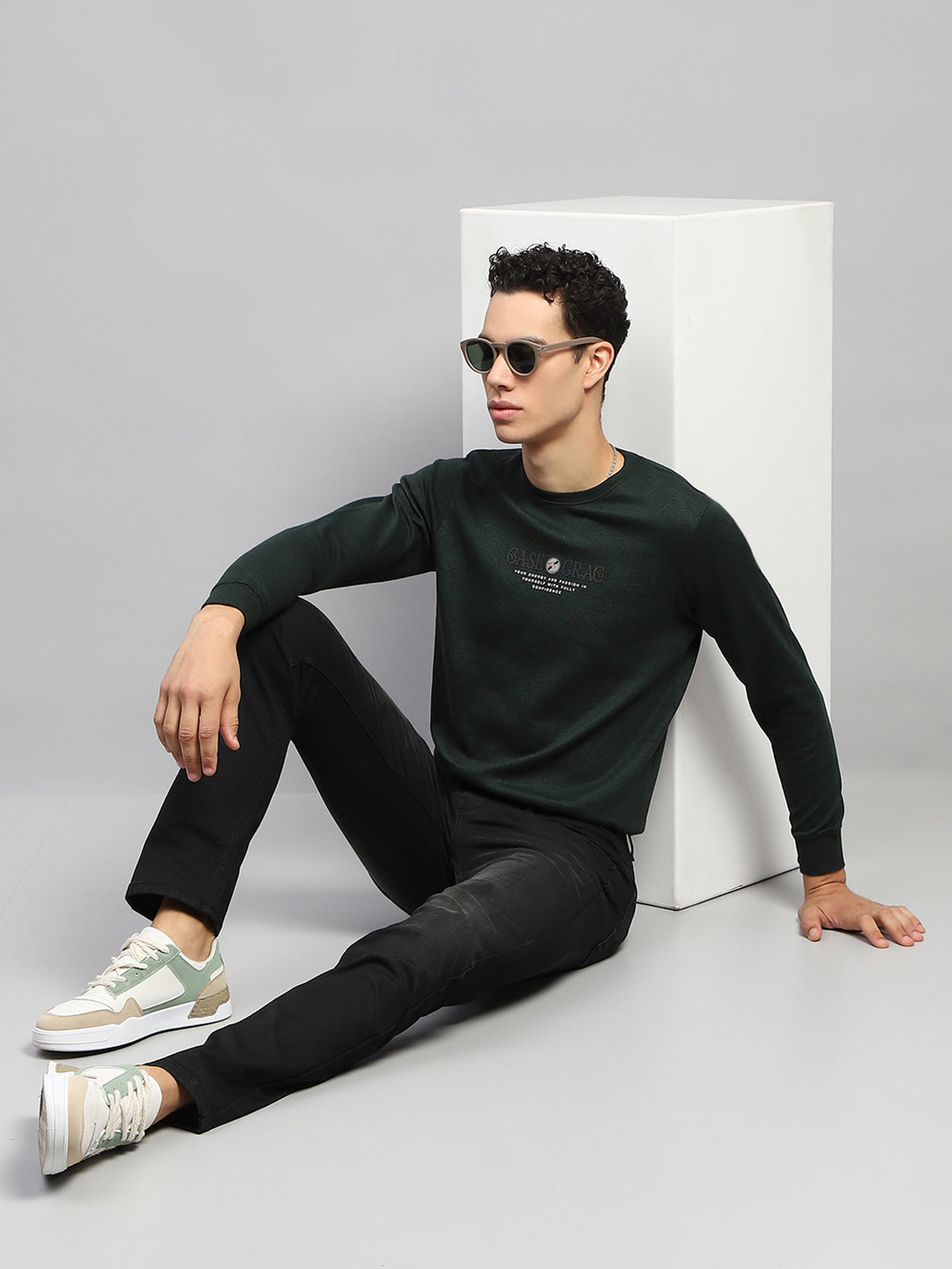 Men Green Printed Round Neck Full Sleeve Winter T-Shirt