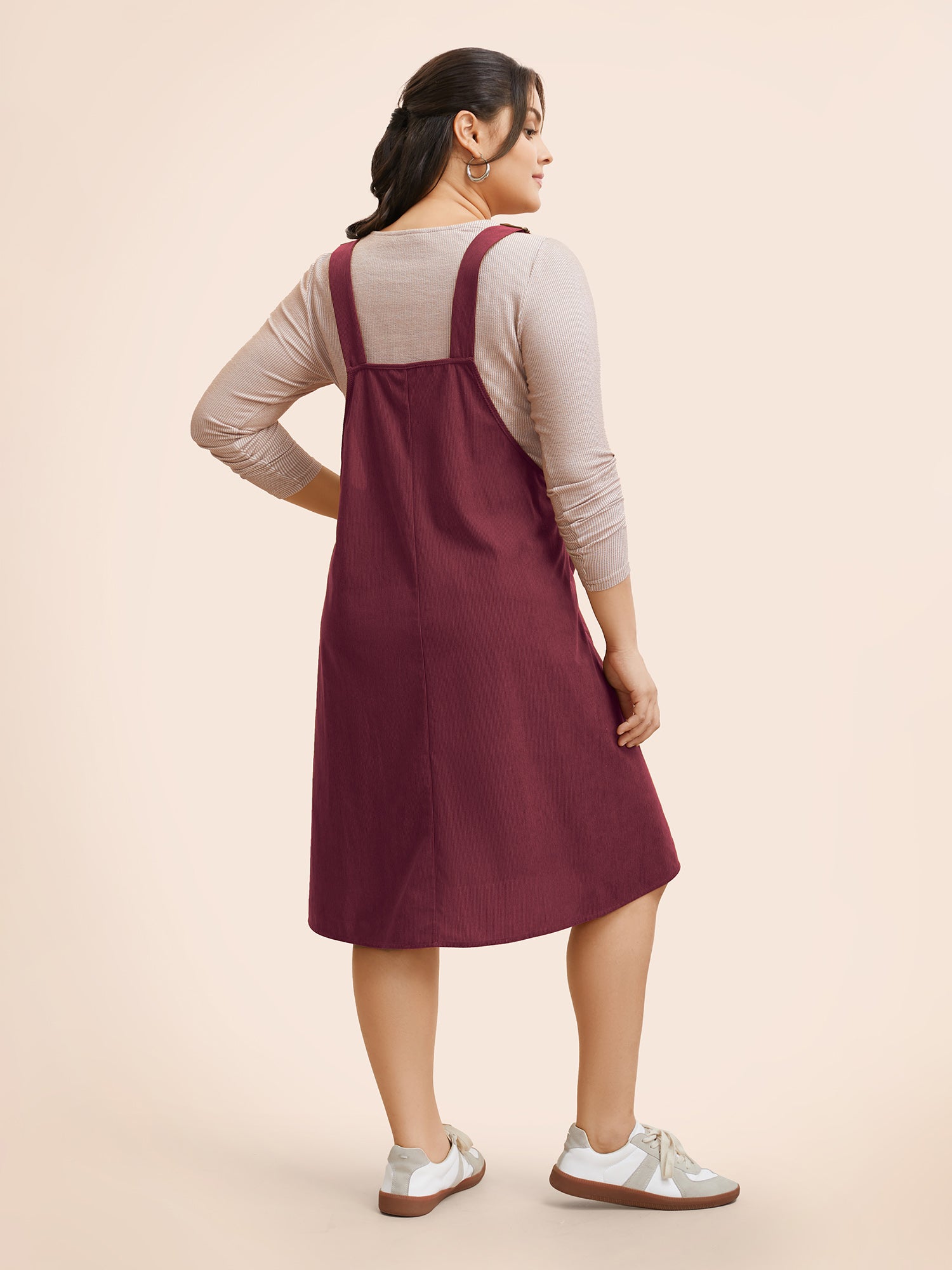 Solid Corduroy Pleated Overall Dress