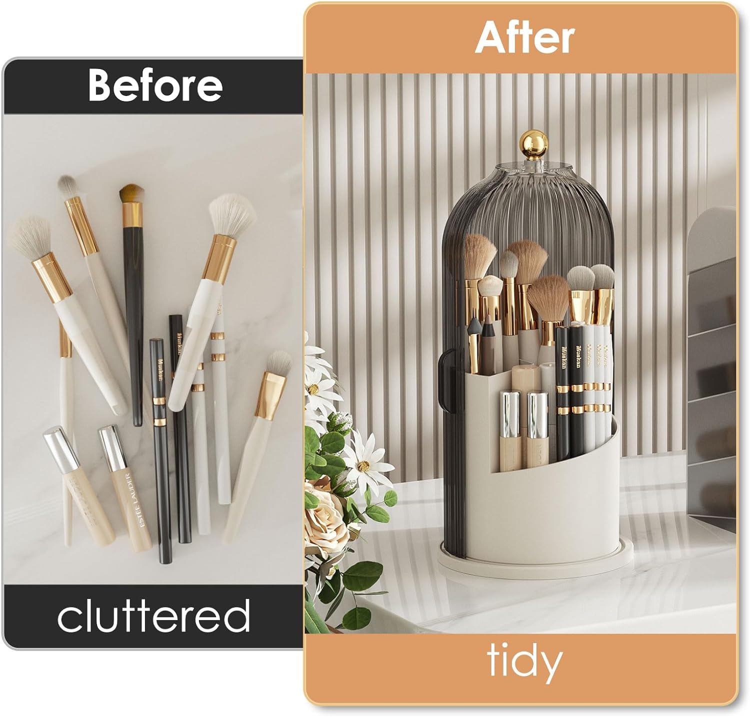 Makeup Brush Holder Organizer With Lid. 360° Rotating Makeup Brushes Organizer For Vanity Desktop Bathroom Countertop (Gray)