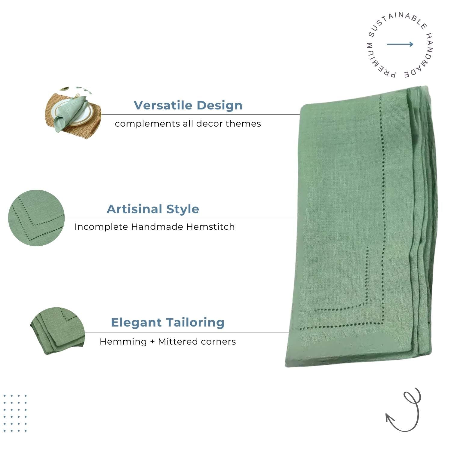 Sage Green 100% Linen Incomplete Hemstitch Napkins