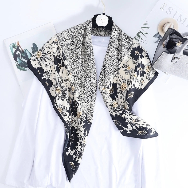 Women's Basic Minimalist Color Block Flower Satin Silk Scarf