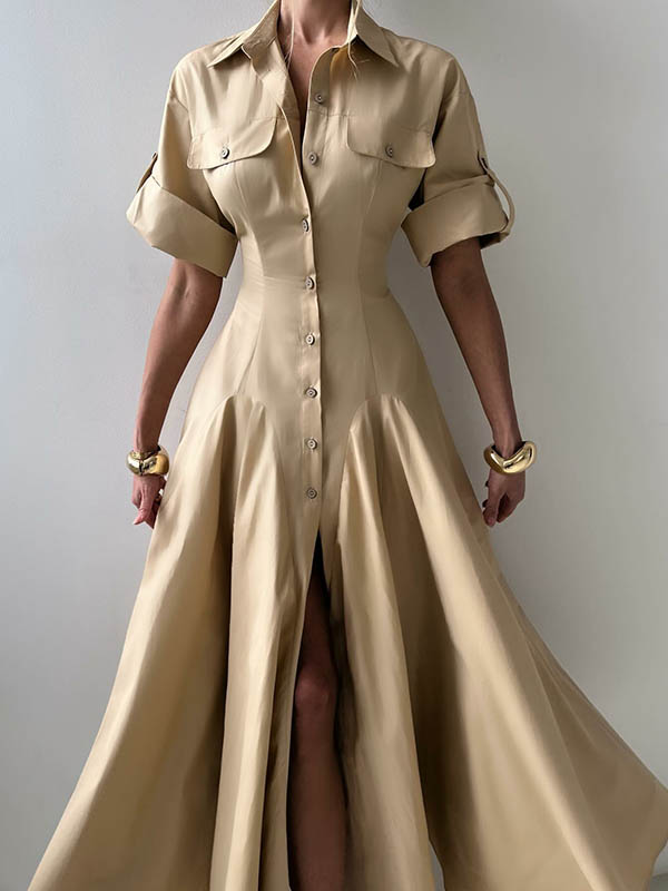 Short Sleeves Buttoned Solid Color Lapel Maxi Dresses Shirt Dress