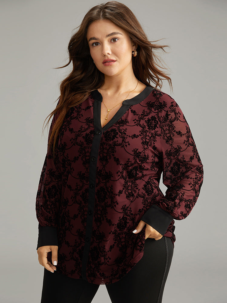 Floral Print Mesh V Neck Blouse