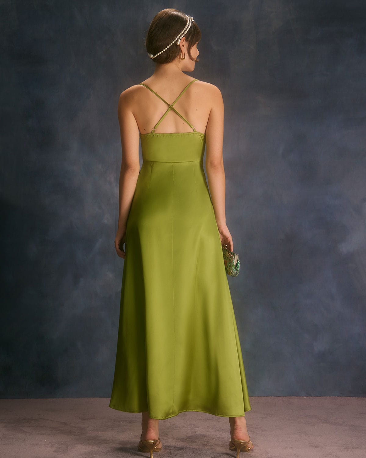 The Green Cowl Neck Split Satin Maxi Dress