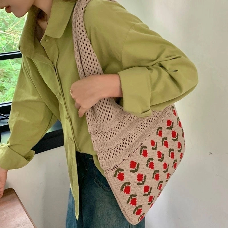 Women's Medium Knit Flower Vintage Style Weave Open Shoulder Bag